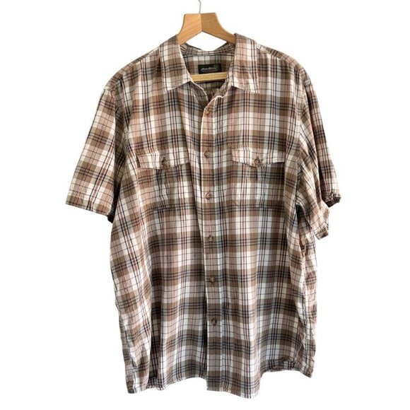 Eddie Bauer Men's Sz XXL Tan Brown Blue Plaid Short Sleeve Button Up Shirt - Picture 1 of 7